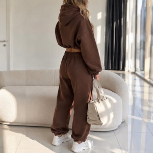 Women 2 Piece Tracksuit Set Hooded Zipper <b>Crop</b> <b>Top</b> Regular Sweatpants Full Length Solid Black Casual Winter 100% Cotton Quick - Product Image 2