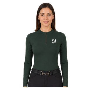 Haut de performance pour femme, vert forêt, à manches longues, col zippé, extensible et respirant, pour l'équitation et l'entraînement équestre - Product Image 1