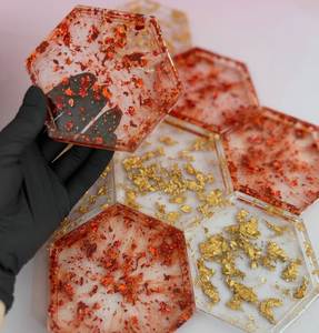 Hexagon Glass Coaster with Gold Glitter Design Glam <b>Table</b> Mat Non-Slip Pad Handmade Modern <b>Table</b> Mat Custom <b>Epoxy</b> Resin Coaster - Product Image 3