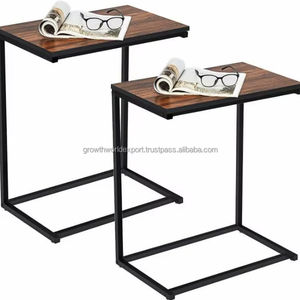 Mesa Auxiliar Industrial en Forma de C con Tapa de Madera de Mango y Estructura de Madera, Mesa de Centro Moderna para Sala de Estar - Product Image 1