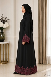 Abaya noire brodée avec manches en dentelle, robe musulmane à fermeture éclair sur le devant, robe islamique pour femmes, style Dubaï - Product Image 3