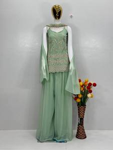 Conjunto de Salwar Kameez Bordado en Verde Menta, Chaniya Sharara, Traje Pakistaní para Eid con Dupatta - Product Image 4