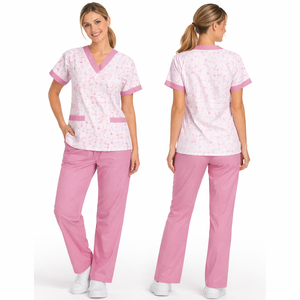 Floral Print Medical <b>Scrubs</b> Set Wholesale 4-Way Stretch Sublimation All-Over Print Custom Logo OEM Bulk Nurse Hospital Uniform - Product Image 2