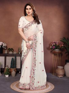 Embroidered Organza Women's Heavy Thread Work Border <b>Saree</b> <b>Blouse</b> Indian Wedding Party Wear Ethnic Winter Summer Stretchable - Product Image 5