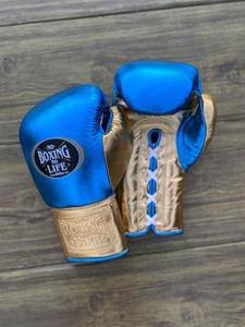 No Boxing No Life Blue Gold Premium Leather Boxing <b>Gloves</b> Lace-Up Adjustable Wrist Strap Customizable Colors Training Sparring - Product Image 1