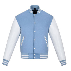 WholesMen's Light Blue Varsity <b>Jacket</b> with <b>White</b> PU Sleeves Stand Collar Zipper Closure Casual <b>Waterproof</b> Front Logo Autumn Wear - Product Image 1