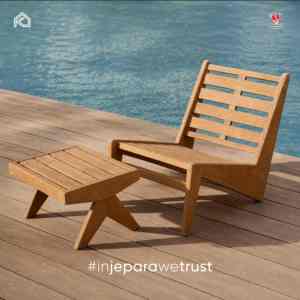 Chaise longue d'extérieur moderne en teck massif imperméable avec table d'appoint, mobilier de luxe pour jardin, resort, villa, hôtel, patio - Product Image 1