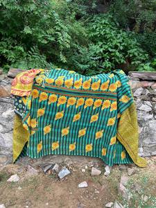 Premium Cotton Kantha Vintage Block Printed Reversible Quilt Artisan Handmade Indian <b>Bedding</b> for Bedroom Décor - Product Image 1