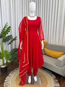 Women's Modern Solid <b>Red</b> Anarkali Kurta Set with Chiffon Dupatta Summer Autumn Party Wear Ethnic Salwar Suit - Product Image 1