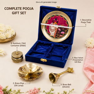 Coffret cadeau de mariage Diwali avec assiette Pichwai de 6 pouces, Kumkum Dibbi, Diya en laiton, cloche, étui en tissu suédé, ensemble cadeau Pooja fait main - Product Image 4
