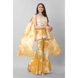 DISEÑADOR GEORGETTE BORDADO SECUENCIA TRABAJO TOP SHARARA CON DUPATTA AMARILLO - Product Image 1