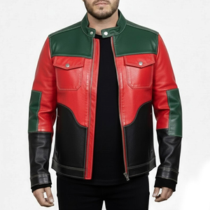 Veste en cuir pour homme, style streetwear, design à panneaux, poignets ajustables, fermeture éclair intégrale, poches latérales, respirante, personnalisable - Product Image 1