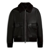 Blouson Bomber Homme en Cuir Véritable Col Rabattu Fermeture Éclair Poignets Côtelés Manteau d'Automne en Peau de Vache Écologique Logo Avant