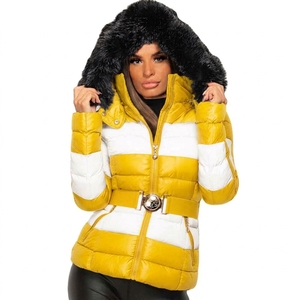 Veste matelassée à blocs de couleur pour femmes avec capuche en fourrure, fermeture éclair, ceinture, long manteau d'hiver - Product Image 4