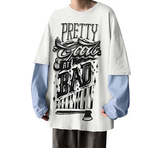 Camiseta de hombre de algodón de doble capa, holgada, con hombros caídos, de doble manga, lisa, de gran tamaño, producto de moda. - Product Image 1