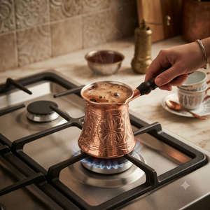 Cafetera Turca de Cobre Grabada a Mano con Patrón Floral, Cezve, Ibrik Árabe, Briki Griega, Calentador de Leche para Estufa con Mango de Madera Oscura - Product Image 3