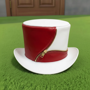 High quality custom made Handmade <b>Red</b> And White Leather Steampunk <b>Hat</b> Gothic <b>Top</b> <b>Hat</b> with Zipper Cosplay - Product Image 4