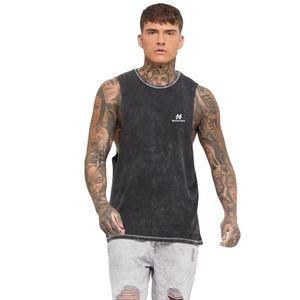 เสื้อกล้ามถักผ้าฝ้ายคอโอเวอร์ไซส์สำหรับผู้ชาย แบรนด์ฮอว์คอาย สไตล์ลำลอง ล้างสีเรียบๆ พร้อมโลโก้ด้านหน้า - Product Image 1