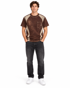Camiseta Oversize de Algodón Marrón con Bolsillo y Panel en Contraste, Lavado Ácido, Estilo Streetwear Unisex, Venta al por Mayor Personalizada, Ropa de Marca Privada - Product Image 3