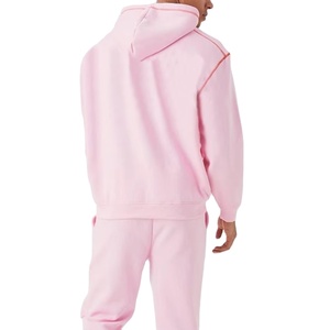 Ensemble survêtement homme hiver haute qualité avec sweat à capuche zippé et pantalon évasé, personnalisable, 100% coton molletonné respirant, logo rouge - Product Image 4