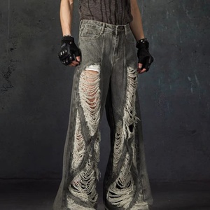 Pantalones anchos de mezclilla lavada para hombre, de cintura alta, rasgados, estilo punk, de algodón tejido, informales, holgados, para otoño - Product Image 3