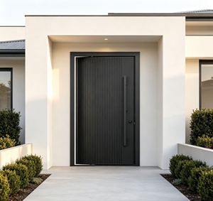 Modern Minimalist Steel Entry Door with Vertical Groove Design and Blue LED Handle <b>Swing</b> Style Anti-Theft Security Exterior Use - Product Image 4