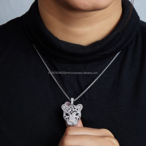 Collar con colgante de cabeza de pantera con diamante cultivado en laboratorio en oro macizo, cadena con dije de animal con incrustaciones de diamantes, joyería de lujo estilo hip hop llamativa, regalo - Product Image 1