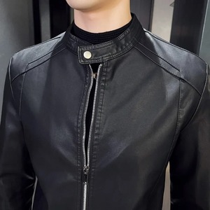 Autumn Men's Casual Coated Genuine Leather Varsity Jacket Fashionable Loose Fit Stand Collar Front Logo Motorcycle <b>Clothing</b> - Product Image 5