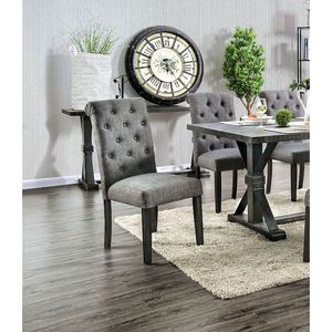 Set di 2 Sedie da Pranzo Classiche Antiche in Legno Massello Nero/Grigio, Rivestite in Tessuto di Lino Trapuntato con Bottoni e Schienale a Spirale, Kit Sedie da Cucina - Product Image 6