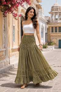 Vestido de gala bohemio para mujer, verde oliva, a rayas, con cintura natural, fruncido, hecho a mano, estampado a mano, largo hasta el suelo, de algodón, con vuelo escalonado - Product Image 5