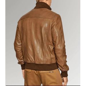tan <b>brown</b> <b>leather</b> bomber <b>jacket</b> for men, similar to the Desert Voyager model featuring ribbed cuffs and a stand-up collar - Product Image 3