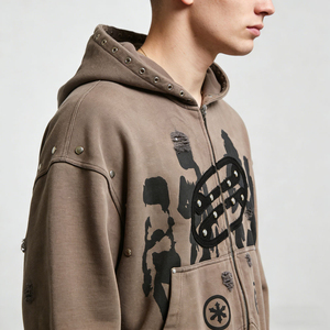 Oversized Distressed Zip Up Hoodie <b>Vintage</b> Washed Rivet Streetwear <b>Sweatshirt</b> for Men & Women - Product Image 4