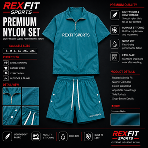 REXFIT SPORTS 2026 Conjunto Deportivo Personalizado para Hombre, Camiseta y Pantalones Cortos de Nailon Color Verde Azulado, Ropa Deportiva para Gimnasio, Fabricante OEM ODM, Traje Deportivo al Por Mayor - Product Image 1