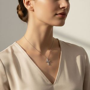 Collar con Colgante de Cruz de Oro de 18K con Incrustaciones de Diamantes Redondos Brillantes Cultivados en Laboratorio de 2.65CTW, Estilo Vintage, Certificado - Product Image 1