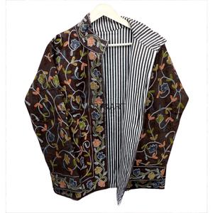 Women's Elegant Style Embroidered Floral <b>Corduroy</b> Full Sleeve <b>Jacket</b> O-Neck Outerwear Handmade Cotton Cotrise Fabric Button - Product Image 3