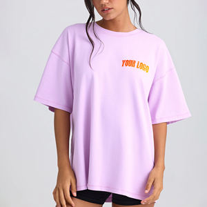 เสื้อยืดโอเวอร์ไซส์ผ้าคอตตอนผสมโพลีเอสเตอร์แบบเรียบสำหรับผู้หญิง รับสกรีนโลโก้ เสื้อลำลองคอกลมทรงหลวม - Product Image 4