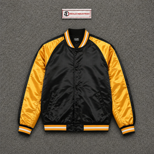 Chaqueta universitaria satinada negra y amarilla dorada para hombre, chaqueta bomber de béisbol brillante de primera calidad con mangas raglán a contraste con rayas. - Product Image 5