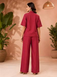 Conjunto de Camisa y Pantalones Casuales de Algodón Color Granate para Mujer, Corte Holgado, Largo Regular, para Todas las Temporadas, Estilo India-Pakistán - Product Image 4