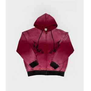 เสื้อฮู้ดซิปพิมพ์ลายแบบกำหนดเองสำหรับผู้ชายและผู้หญิง สไตล์วินเทจ สีแดงไล่เฉดแบบฟอกสี เสื้อฮู้ดโอเวอร์ไซส์แนวสตรีทแวร์ - Product Image 5