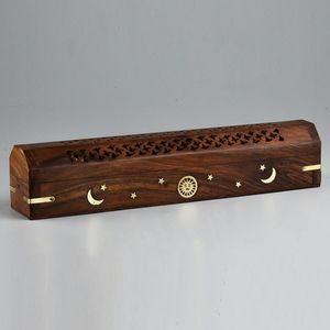 Hand-Carved Wooden Incense Box Sun Moon & Stars Brass Inlay Holder With Ash Catcher Shisham Wood Spiritual Arabic Home Decor - Product Image 1