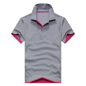 Polo gris pour homme à manches courtes, couleur unie, tricoté, respirant, décontracté, avec col et poignets à bordure rose, boutons sur le devant - Product Image 1