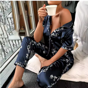 Pijamas de Satén para Mujer, Camisa con Botones y Estampado Floral, con Pantalones, Conjunto de Pijama, Ropa de Dormir, Pijama Mujer - Product Image 1