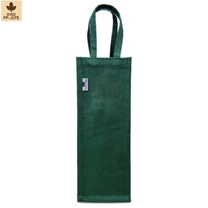 Green Laminated Jute Wine <b>Bottle</b> <b>Gift</b> <b>Bag</b> 13x36x13 cm PVC Window Golden Print Wholesale OEM Private Label SNC45A for Bulk Orders - Product Image 3