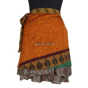 2026 Sale Indian Silk Printed Handmade Wrap Mini Skirt Women Wear Vintage Silk Sari Short Length Wrap Around Mini Skirt 2 Layer - Product Image 1