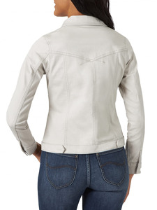 Blouson moto gris clair pour femme, style trucker, manches longues, col rabattable, style denim, fermeture éclair, couleur unie - Product Image 5