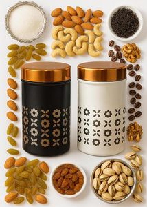 Minimalist Metal Spice <b>Containers</b> Round Airtight Design Engraved Floral Pattern Black and White with Copper Lids - Product Image 4