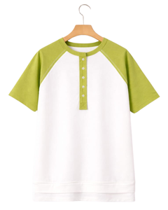 Women White Lime Green Raglan Sleeve Henley T Shirt Cotton Blend Short Sleeve Casual Summer <b>Top</b> Comfortable Lightweight Tee Wear - Product Image 1