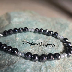 6.50 MM Black Round & Light Blue Moissanite <b>Beads</b> <b>Bracelet</b> Hand Made Moissanite Diamond & Other Diamond Jewelry - Product Image 1