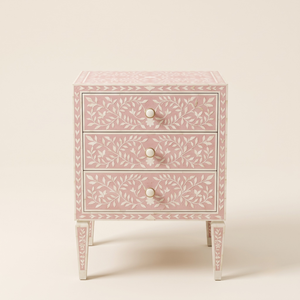 1. Table de chevet de luxe rose clair avec incrustations en os, 3 tiroirs, motif floral, faite à la main, en bois, pour chambre à coucher - Product Image 1