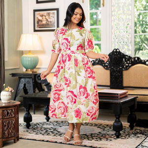Robe midi élégante et chic décontractée en coton 100% à imprimé floral pour femmes, vacances d'été - Product Image 2